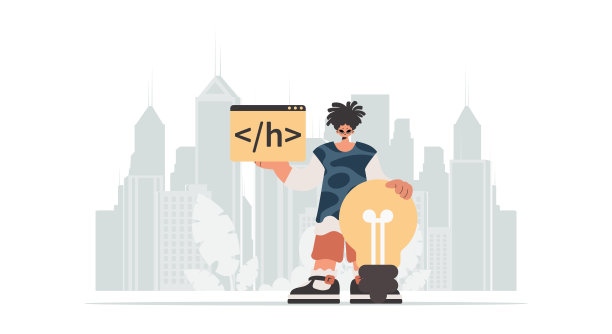 这个人拿着一个带有编程图片的浏览器窗口，而且站在一个巨大的灯泡旁边。时尚的风格，矢量插图图片下载