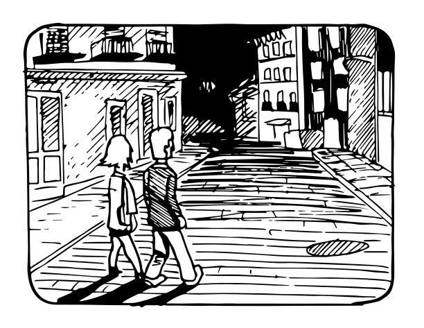 一对晚上在城市街道上散步的情侣。黑白素描手绘卡通风格矢量插图。图片下载
