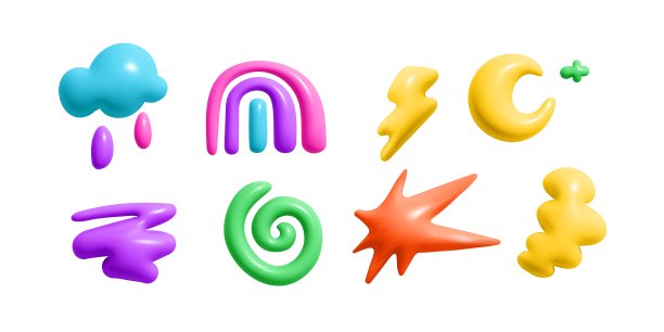 3d渲染颜色抽象天气图标。儿童涂鸦图形元素。可爱的云，星星，月亮，彩虹涂鸦在时尚的现代风格。矢量卡通插图图片下载