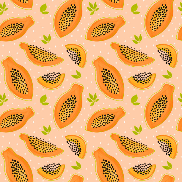 木瓜的模式。无缝夏季热带水果背景。粉红色重复打印厨房，异国情调的水果插图水粉画。图片下载