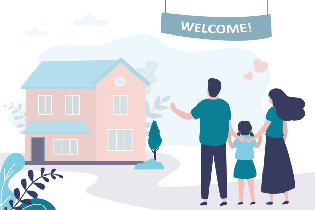 幸福的一家人站在大房子旁边。父母带女儿，父母爱。领养的孩子找到家庭，欢迎回家。一对养子的恩爱夫妻。孤儿的新家。图片下载