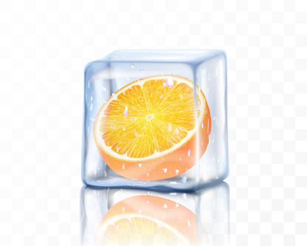 新鲜成熟的橙子一半在冰立方隔离透明的背景。冰冻的橙色，现实的3d矢量插图图片下载