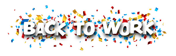 回到工作标志在彩色箔纸屑背景。图片下载