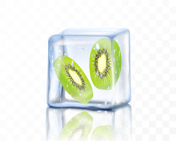 新鲜成熟的猕猴桃切片在冰立方隔离透明的背景。冷冻猕猴桃。逼真的三维矢量插图图片下载