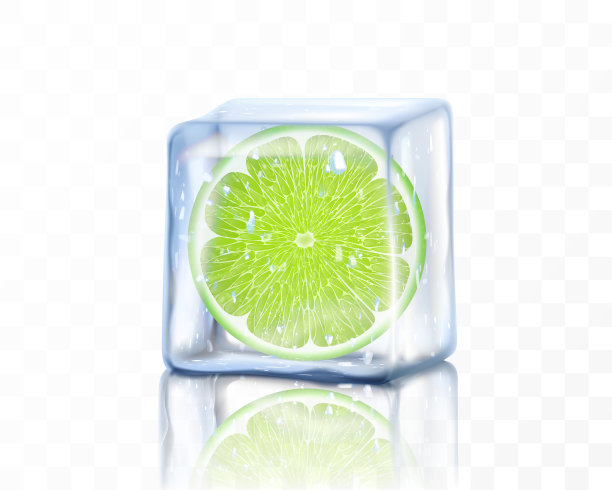 新鲜成熟的酸橙片在冰立方隔离在透明的背景。冰冻的酸橙片。逼真的三维矢量插图图片下载