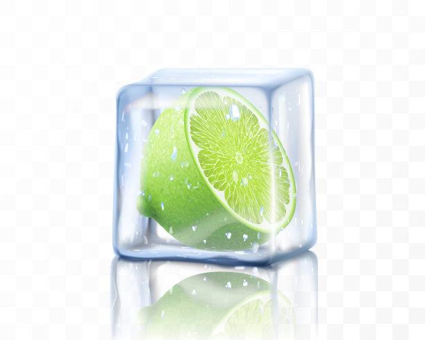 新鲜成熟的柠檬一半在冰立方隔离在透明的背景。冰冻石灰，现实的三维矢量插图图片下载