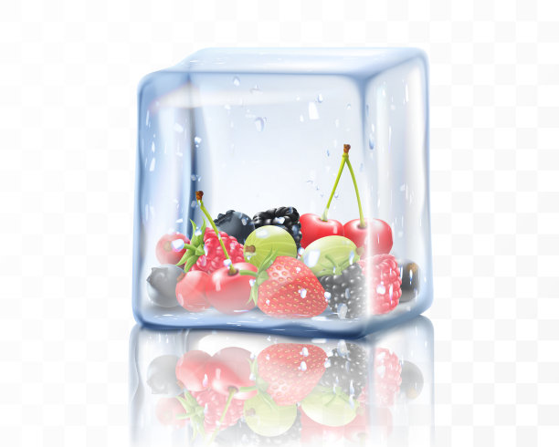 新鲜成熟的黑醋栗，覆盆子，樱桃，蓝莓，黑莓，草莓，醋栗在透明的背景大冰块隔离。冷冻浆果，现实的3d矢量插图图片下载