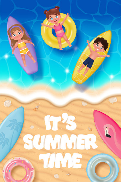 孩子们在冲浪板和橡皮圈上游泳。夏季海滩海滨。矢量插图在卡通3D风格图片下载