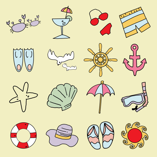 海滩图标卡通风格捆绑集矢量图像图片下载
