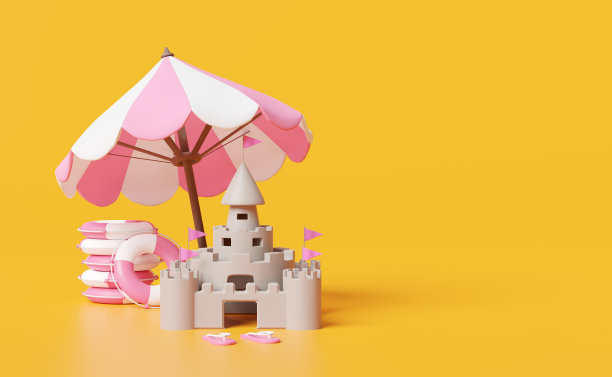 3d夏季海滩与沙城堡，伞，堆堆叠的救生圈，凉鞋孤立的橙色背景。夏季旅游概念，3d渲染插图图片下载