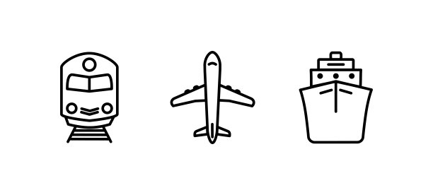 运输图标。飞机，火车，轮船表示运送。航空邮件派递标志。向量。图片下载