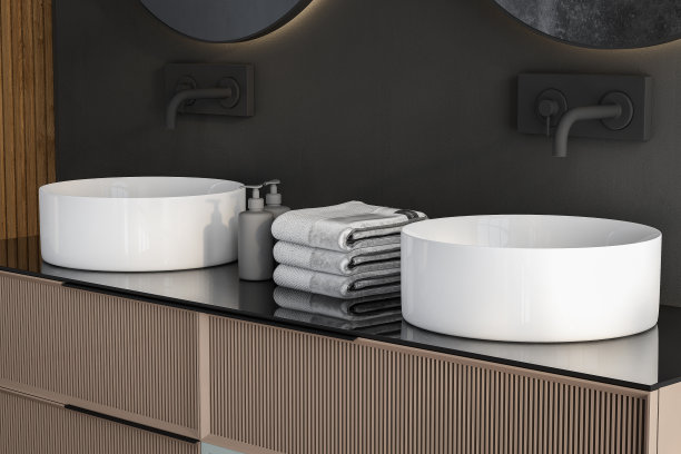 盥洗室里，米色墙壁上的椭圆形镜子和带有黑色水龙头的木柜。非常适合在时尚和现代的环境中展示您的产品。三维渲染图片下载