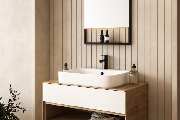 别致的浴室设置，白色水槽，肥皂分配器，水龙头，镜子，米色墙壁背景。非常适合在时尚和现代的环境中展示您的产品。三维渲染图片下载