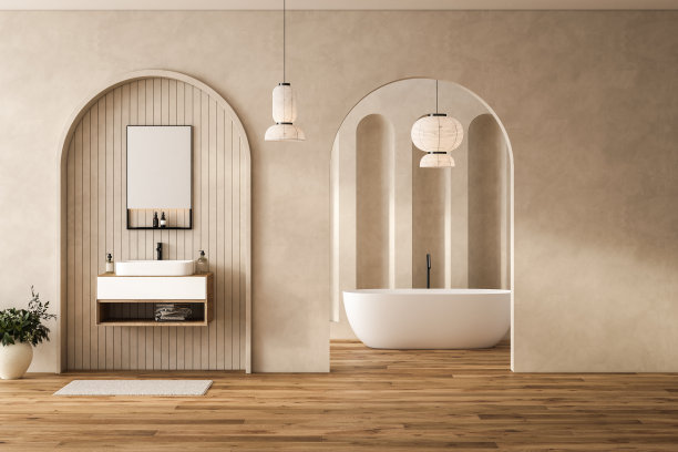 米色的浴室内部有白色的水槽和镜子，硬木地板上的地毯，浴缸，植物。酒店工作室的洗浴配件和窗户。三维渲染图片下载