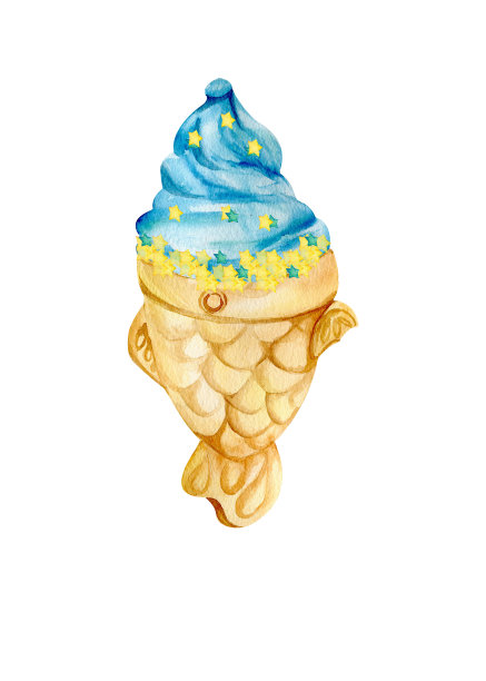 太阴甜点蓝色冰淇淋水彩插图孤立的白色背景图片下载