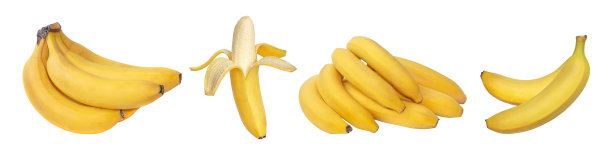 一组隔离在白色背景上的香蕉水果。香蕉一串，剥开一半的香蕉图片下载