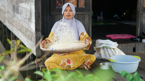 妇女正在家里簸米图片下载