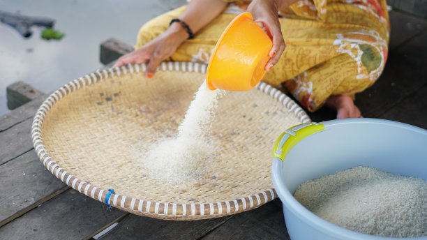 妇女正在家里簸米图片下载