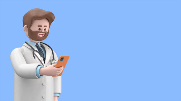 男医生艾弗森的3D插图使用智能手机与红色地图指针在白色背景与复制空间。在蓝色背景上隔离的医学演示剪贴画。图片下载