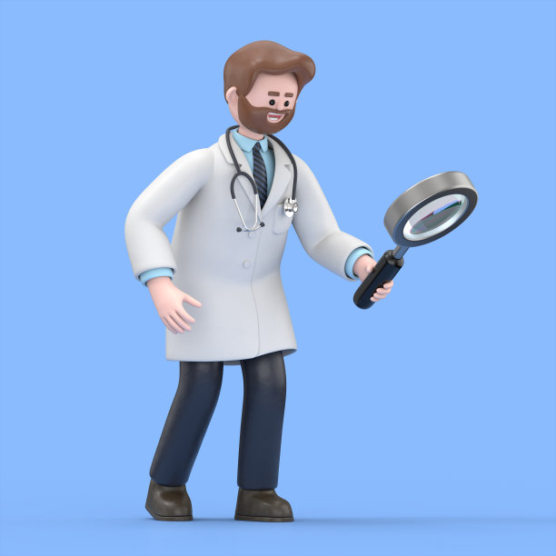 男医生艾弗森通过放大镜寻找信息的3D插图。卡通探索商人拿着放大镜，医学演示剪辑艺术孤立的蓝色背景。图片下载