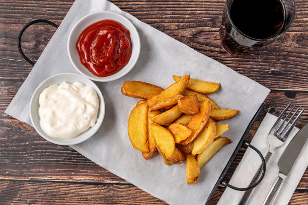 木桌上的薯角配番茄酱和蛋黄酱图片下载