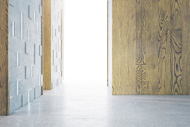 在水泥墙和木墙之间的闪电门孔的正面视图背景与地方为您的广告海报或相框在抽象大厅区域与光滑的地板。3D渲染，模拟图片下载