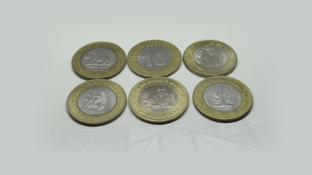 印度六种不同类型的十卢比硬币。白色背景图片下载
