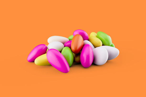 3d彩色杏仁糖糖涂层杏仁糖隔离在橙色背景3d插图图片下载