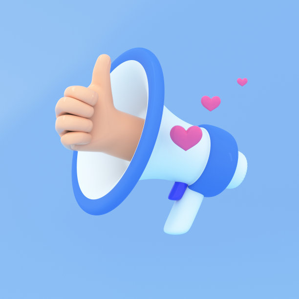 3d扩音器与手势喜欢或欣赏和心漂浮周围。爱，认可，高价值，社交媒体推广，公告，电子邮件，广告概念。3d渲染插图。图片下载