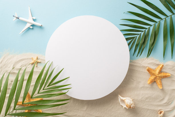 热带度假概念。一个微型飞机模型的俯视图，周围是贝壳、海星、沙滩上的棕榈叶和蓝色的天空，背景是空白的圆圈，用于文字或广告图片下载
