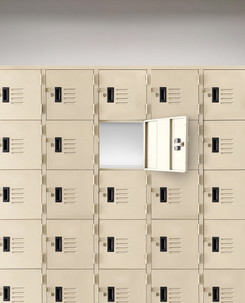 将储物柜或健身房储物柜存放在有一扇中央门的房间里图片下载