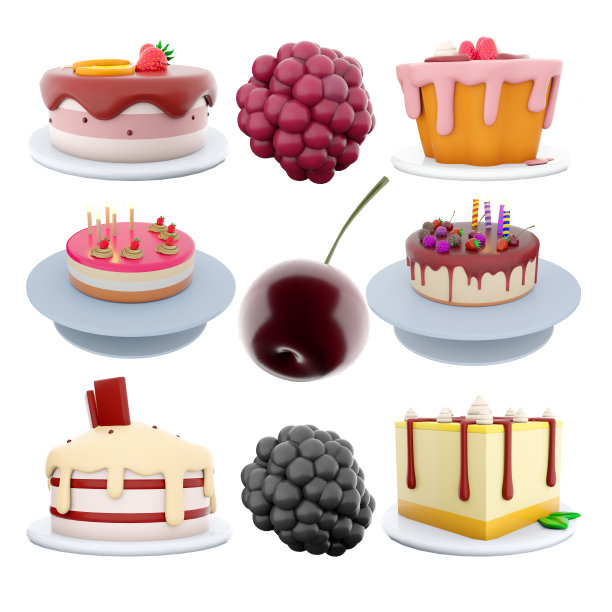 3d渲染覆盆子纸杯蛋糕，覆盆子，柠檬片和草莓蛋糕，生日蛋糕，樱桃，巧克力，香草糖衣，黑莓，柠檬芝士蛋糕图标集。3d渲染沙漠概念图标集图片下载