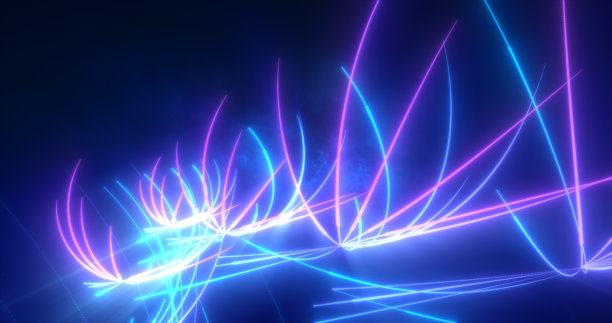抽象的蓝色和紫色发光霓虹灯能量激光线飞行在一个黑色的背景图片下载