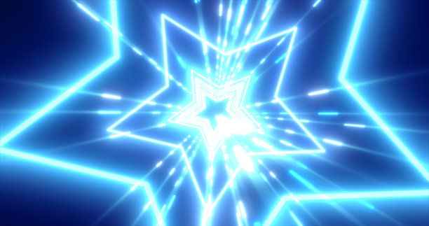 抽象的蓝色能源未来高科技隧道的飞行星星和线条霓虹神奇发光的背景图片下载