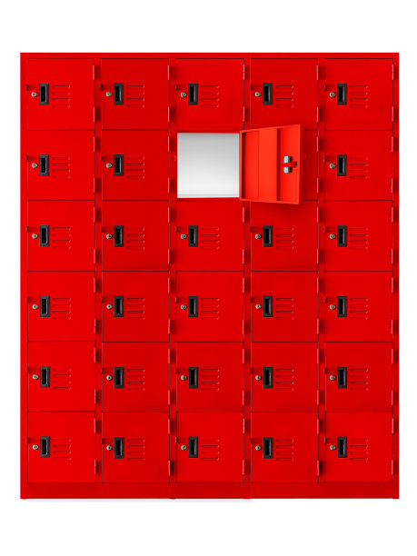 把红色的储物柜或健身房的储物柜放在一个中间开着一扇门的房间里图片下载