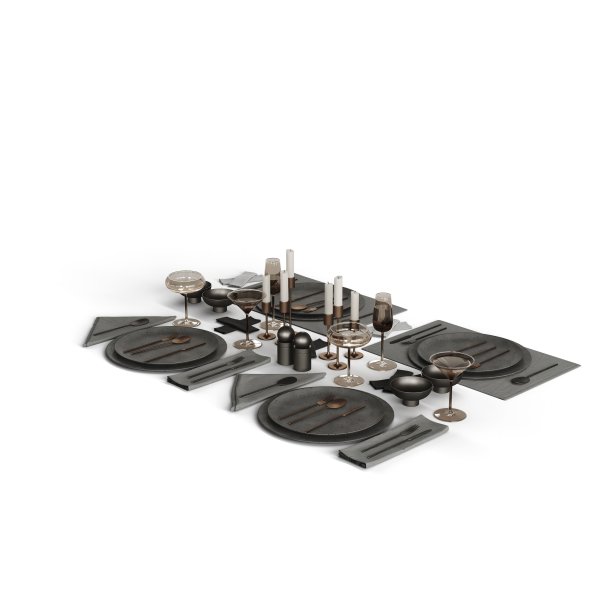 黑色和银色的桌子设置与各种盘子，杯子和酒杯- 3D渲染图片下载