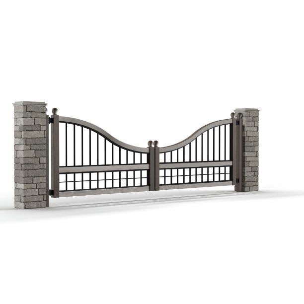 华丽的金属门站在两个砖柱之间- 3D渲染插图图片下载