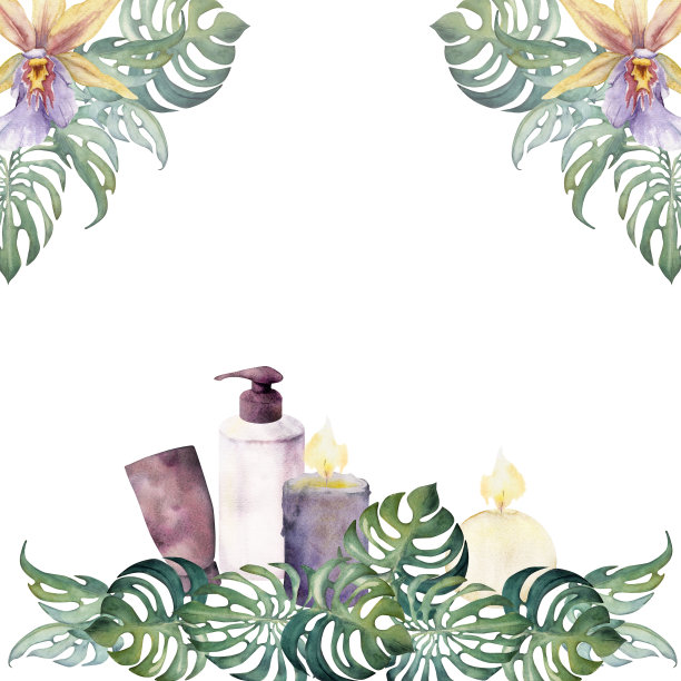 手绘水彩水疗护肤浴美容产品包装花和叶子。帧边界。孤立在白色背景上。设计养生度假，印刷，织物，封面，卡片，小册子。图片下载
