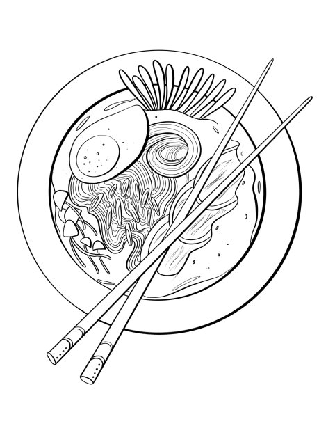 轮廓线插图食品亚洲美食面条汤拉面鸡蛋和蘑菇用筷子设计元素标志贴纸印刷和着色图片下载