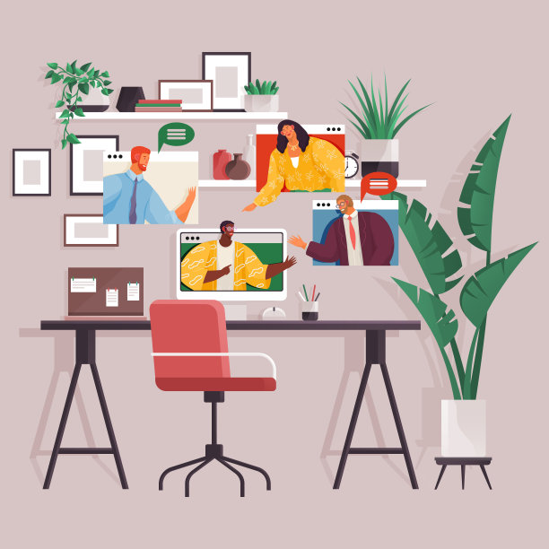 视频会议，通过视频通话进行交谈。一群人在电脑屏幕上与同事交谈图片下载