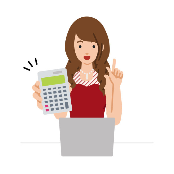 一个穿着礼服的女人在笔记本电脑前微笑着推荐、求婚、展示估价并指着计算器图片下载