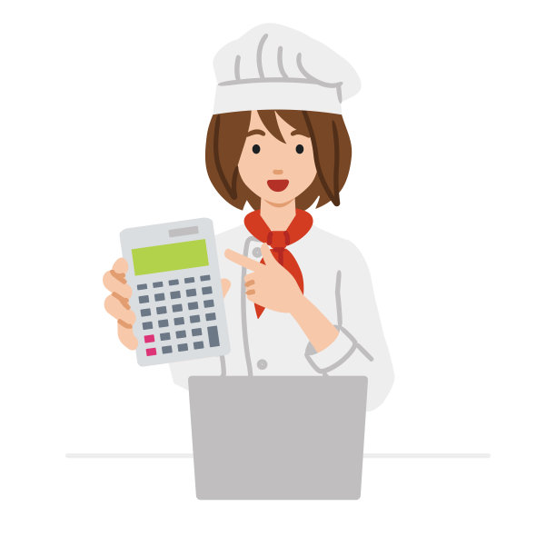 一位女厨师在笔记本电脑前微笑着推荐、提议、展示估价并指着计算器图片下载