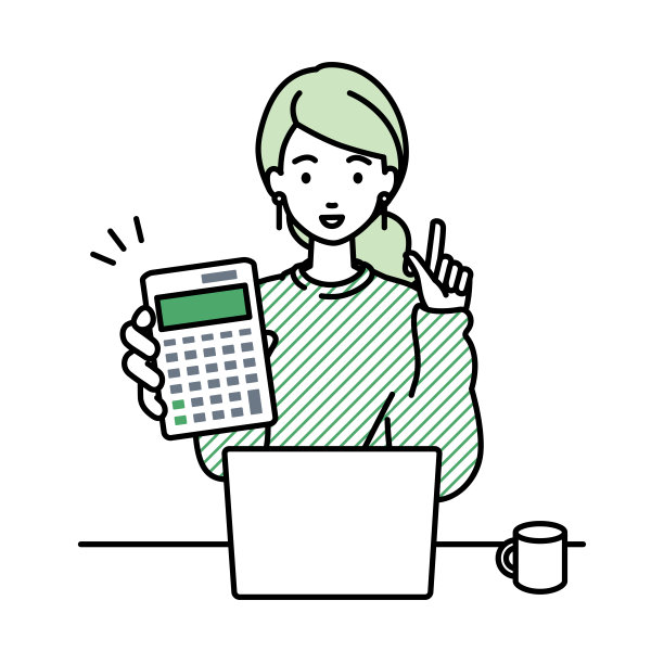 一个穿着休闲风格的女人在笔记本电脑前微笑着推荐、求婚、展示和指着计算器图片下载