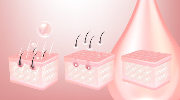 透明质酸前后的头发和皮肤的解决方案广告，粉红色去除血清滴在皮肤细胞与化妆品广告背景准备使用，插图矢量。图片下载