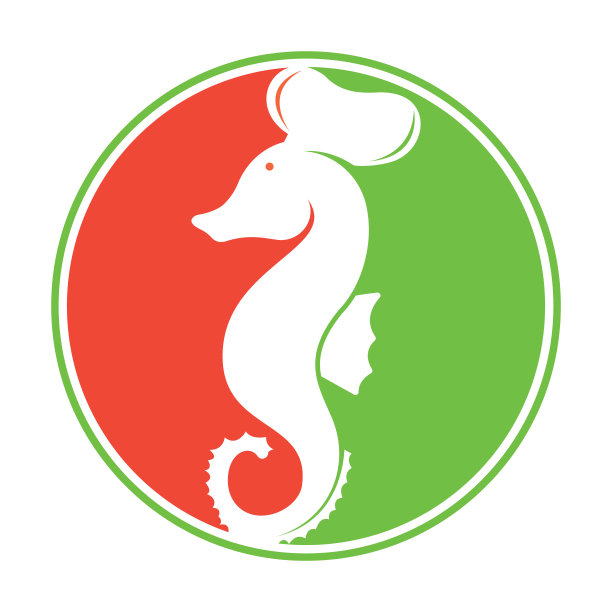 海鲜的标志。海马厨师刀叉和勺子符号插图。图片下载