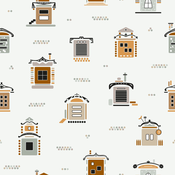 各种可爱的小房子无缝图案。采购产品卡通城镇房屋，城市建筑，郊区住宅。不同立面建筑。北欧风格。矢量图图片下载