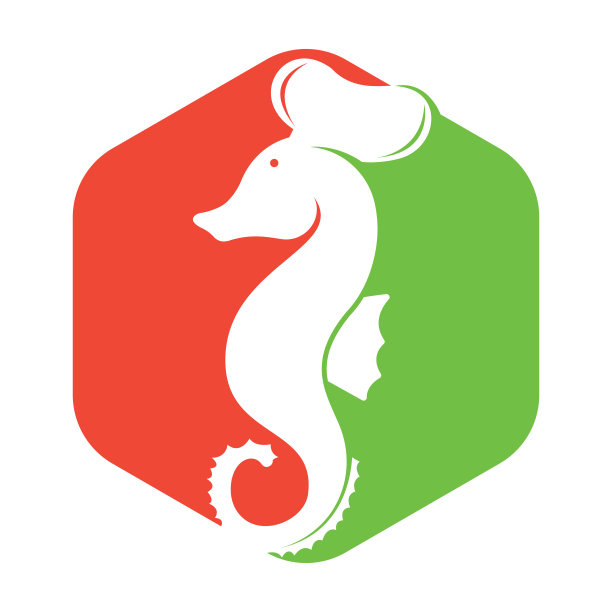 海鲜的标志。海马厨师刀叉和勺子符号插图。图片下载