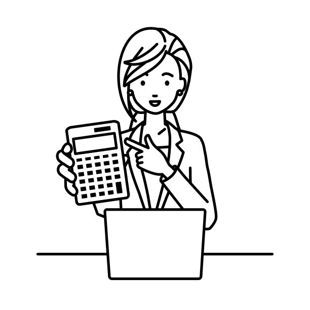 一个穿着西装的女人在笔记本电脑前微笑着推荐、提议、展示估算和指着计算器图片下载