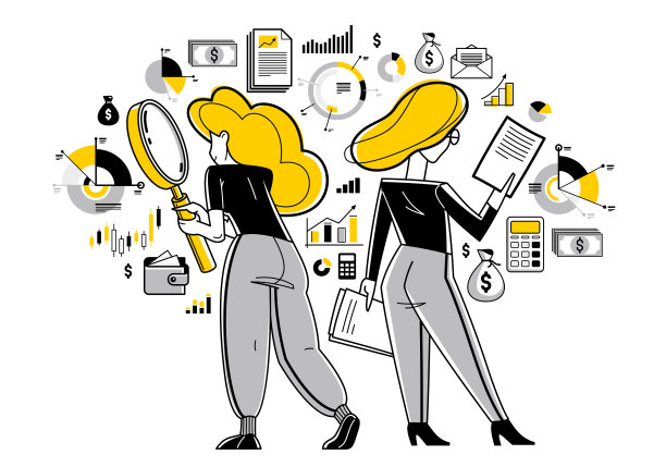 财务分析矢量概要说明，分析团队用放大镜查询财务，财务人员审查现金流，预算平衡。图片下载