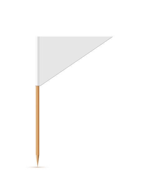 木制牙签上的白旗。蛋糕或其他食物的三角纸盖在白色的背景上。空白模型的广告和促销，位置标记，地图指针图片下载
